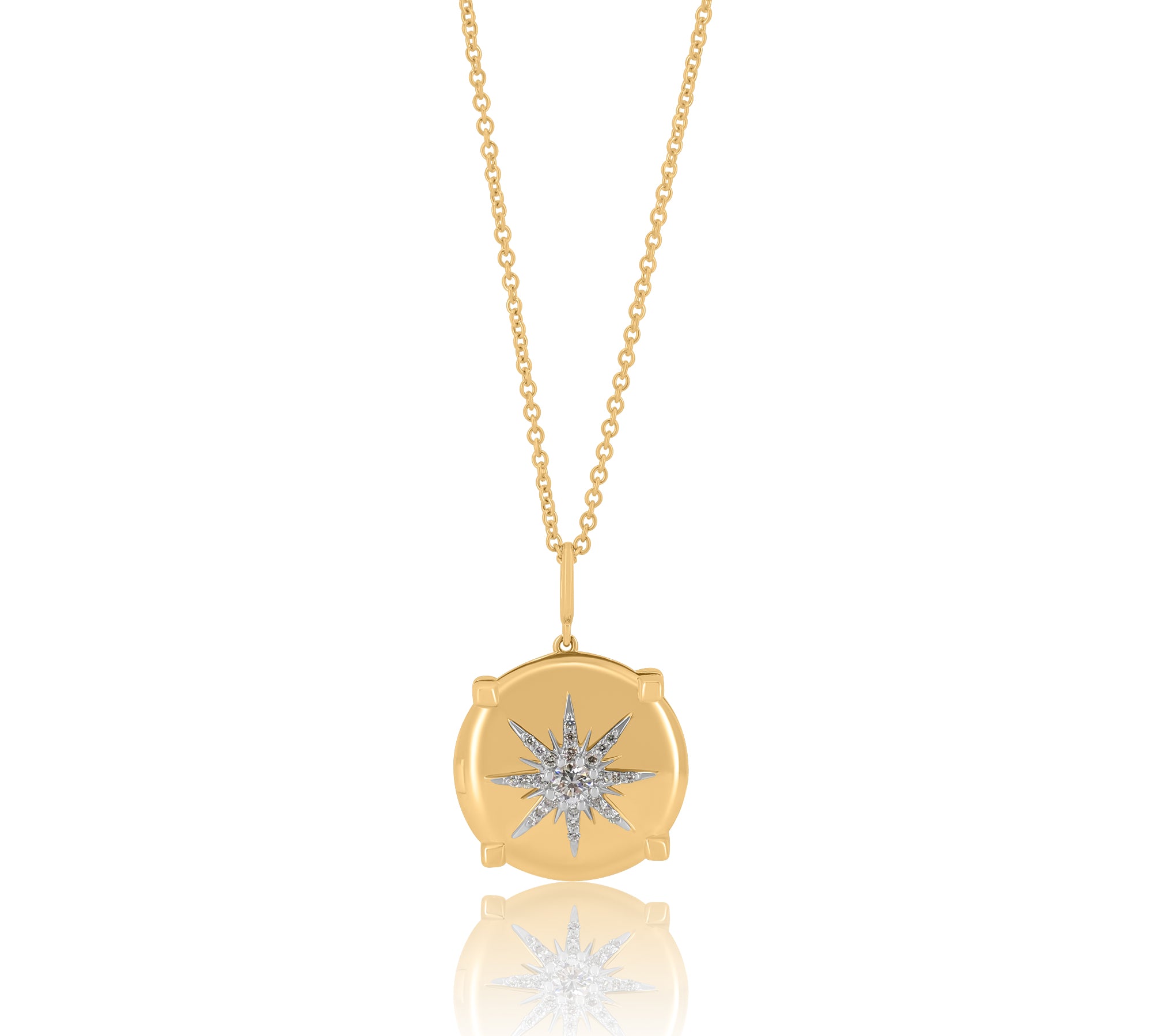 Gold Diamond Starburst Round Locket Necklace