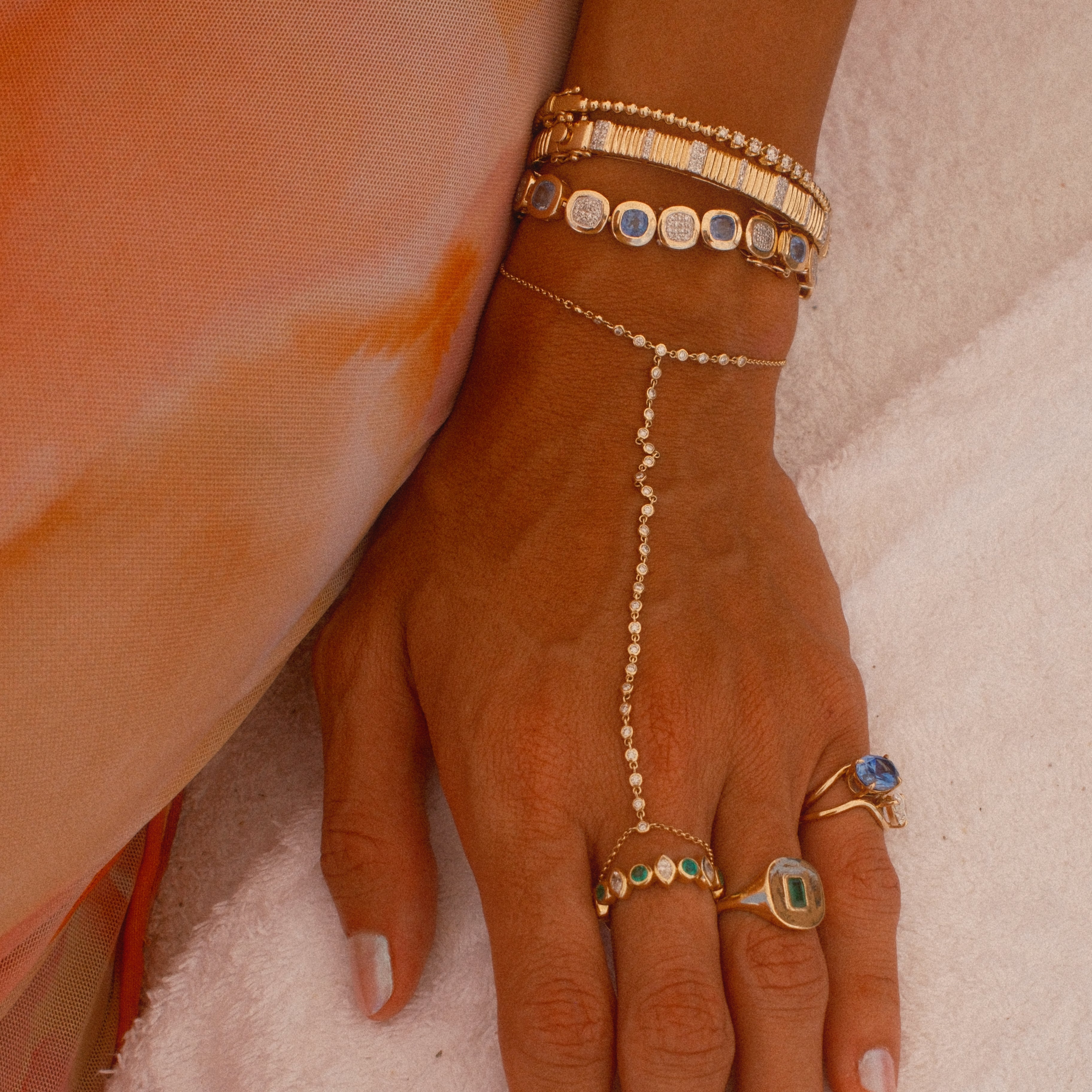 Gold Diamond Blue Sapphire Square Bezel Bracelet