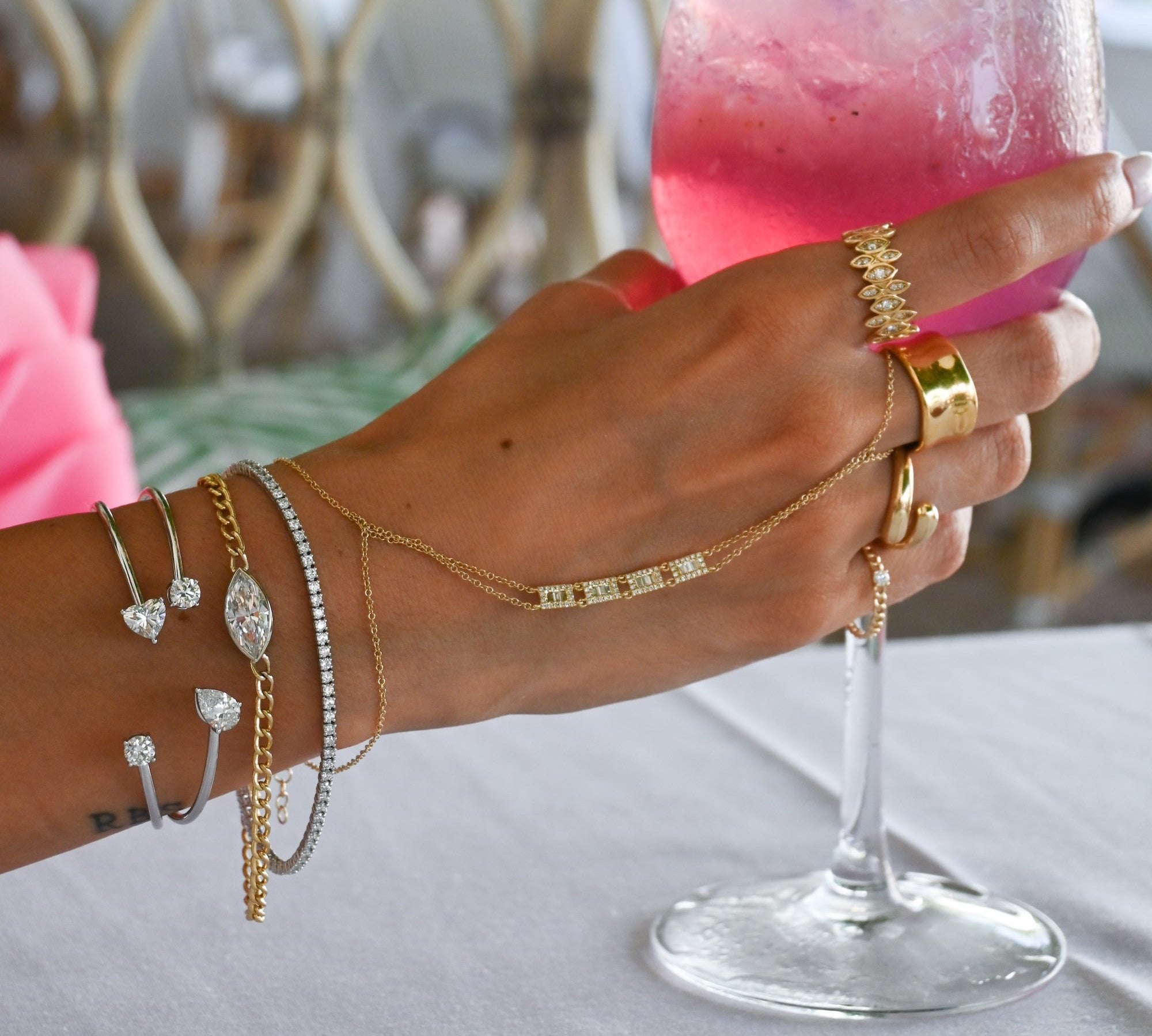 Gold Lab Grown Round and Pear Diamond Bangle