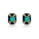 Gold Diamond Emerald Black Enamel Shield Earring