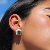 Gold Pave Diamond White Enamel Blue Topaz Octagon Earring