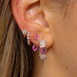 Gold Rectangle Pave Diamond Emerald Cut Pink Sapphire Hoop Earring