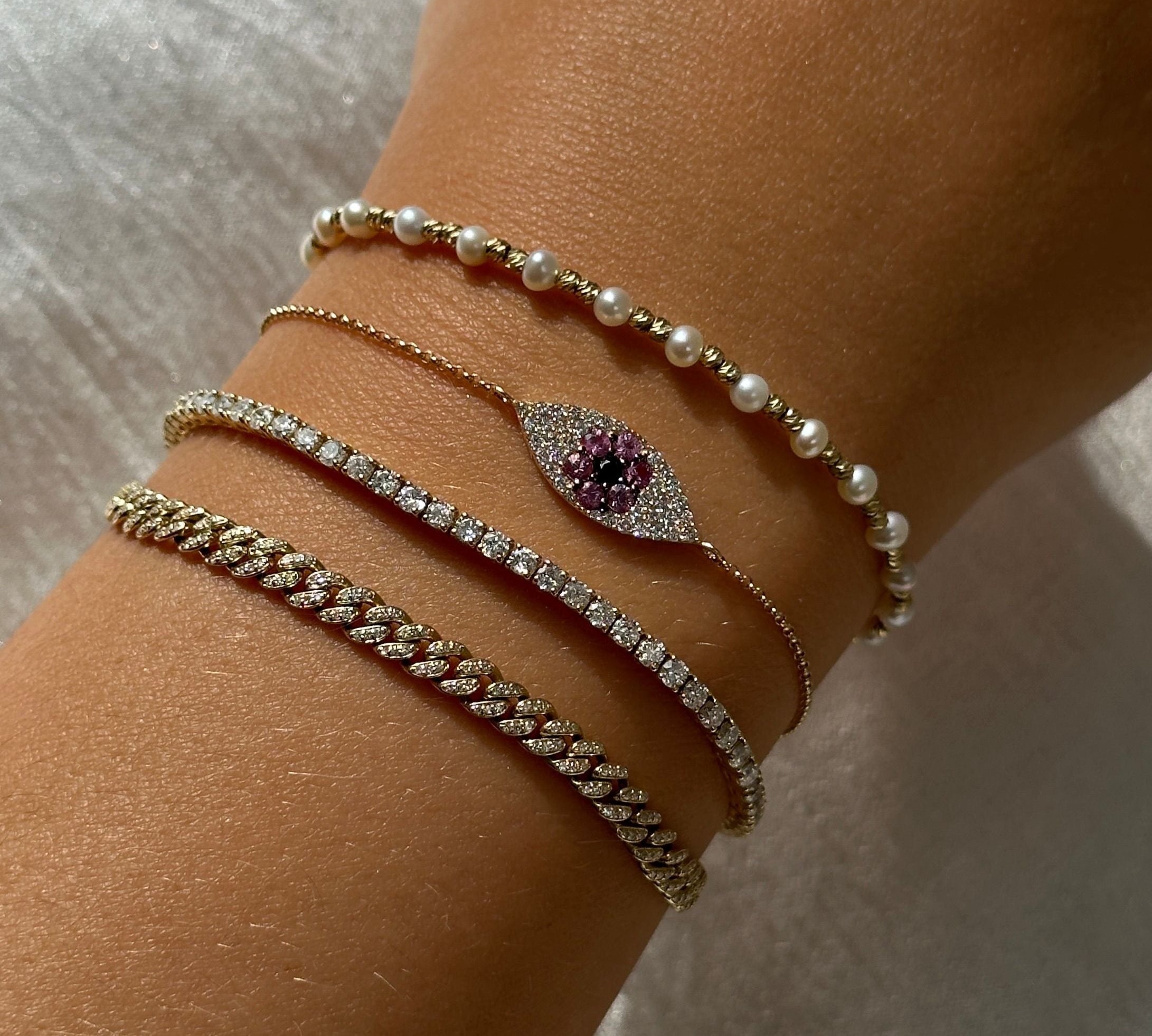 Gold Diamond Pink Sapphire Evil Eye Bracelet