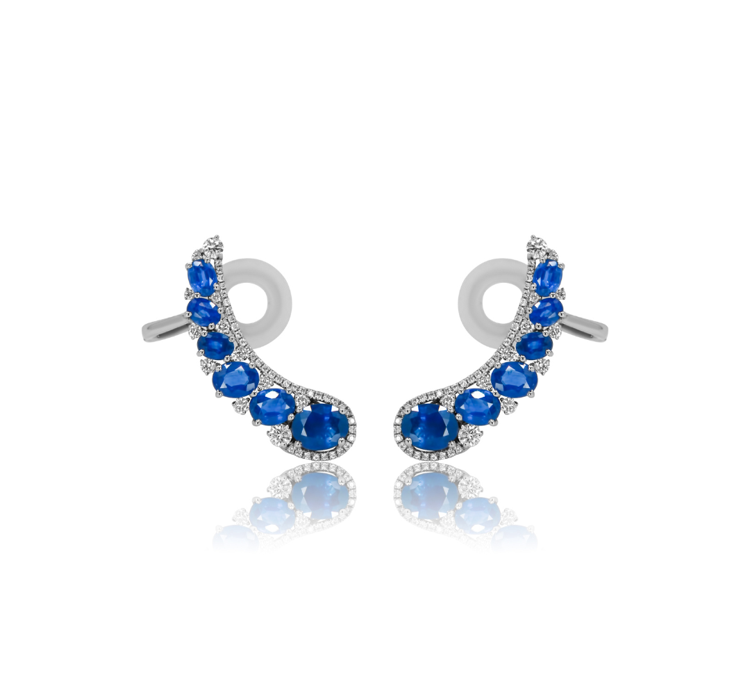 Gold Multi Shape Diamond and Sapphire Climber Earrings