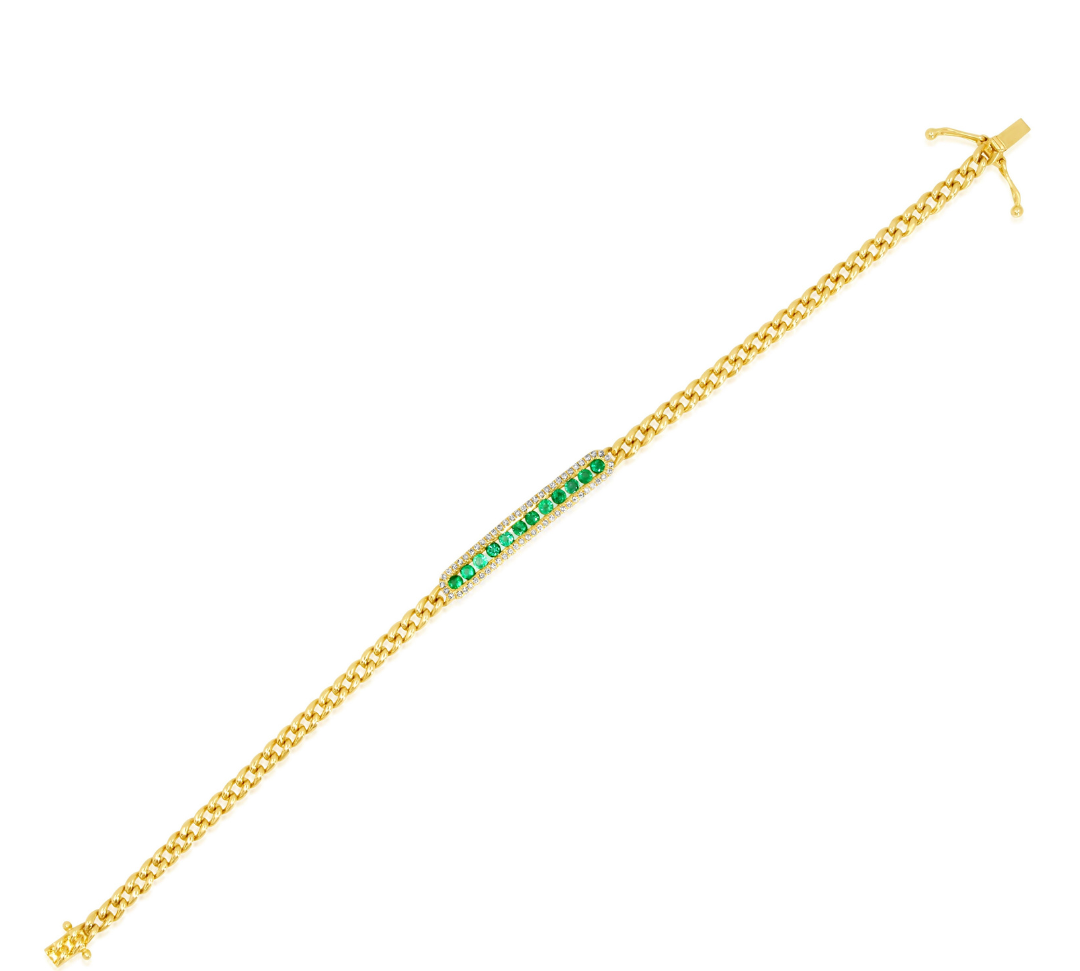 Gold Emerald Diamond Bar Cuban Link Bracelet
