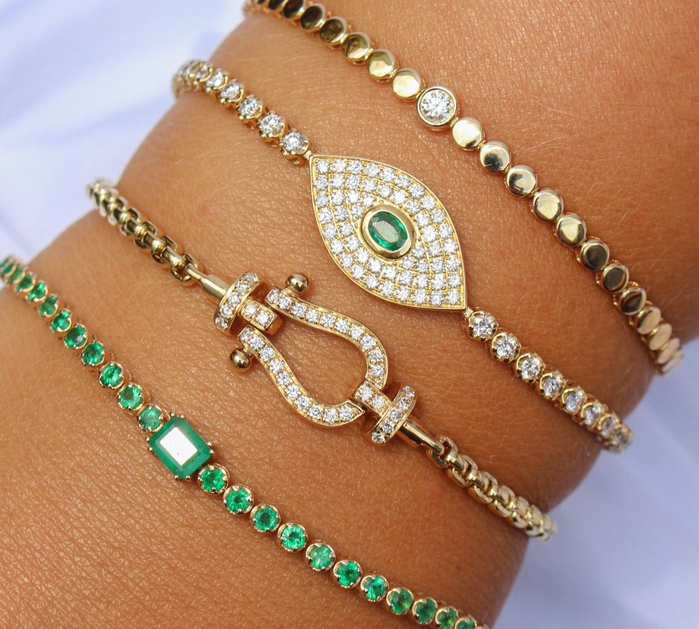 Gold Pave Diamond Emerald Evil Eye Bracelet