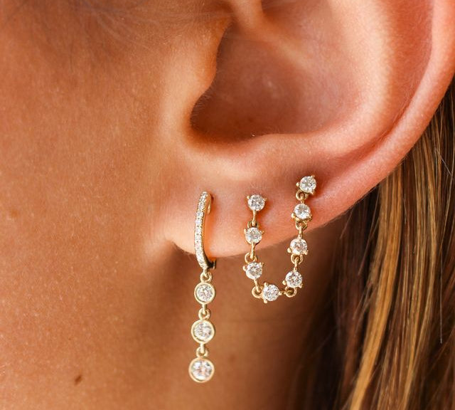 Gold Triple Bezel Graduated Diamond Hoop Earring by Monisha Melwani