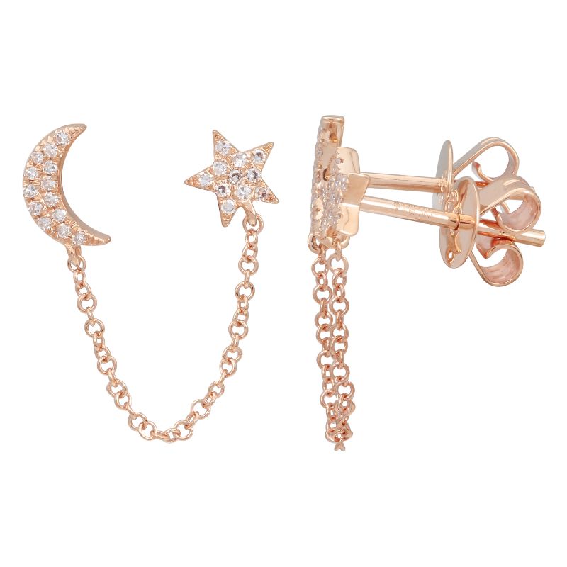 Gold Star and Moon Chain Diamond Earring - 14KT Gold - Monisha Melwani Jewelry