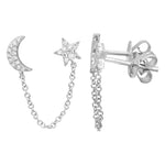 Gold Star and Moon Chain Diamond Earring - 14KT Gold - Monisha Melwani Jewelry