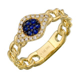 Gold Diamond Blue Sapphire Evil Eye Cuban Link Ring