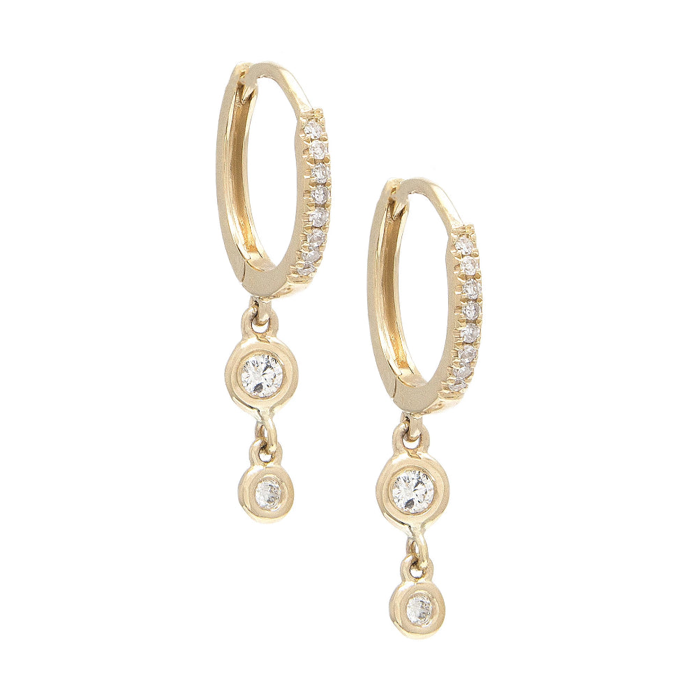 Gold Double Drop Bezel Diamond Hoop Earrings - 14KT Gold - Monisha Melwani Jewelry