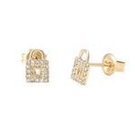 Gold Diamond Lock Stud Earrings- 14KT Yellow Gold Micro Pave Lock Stud Earrings | Monisha Melwani Jewelry
