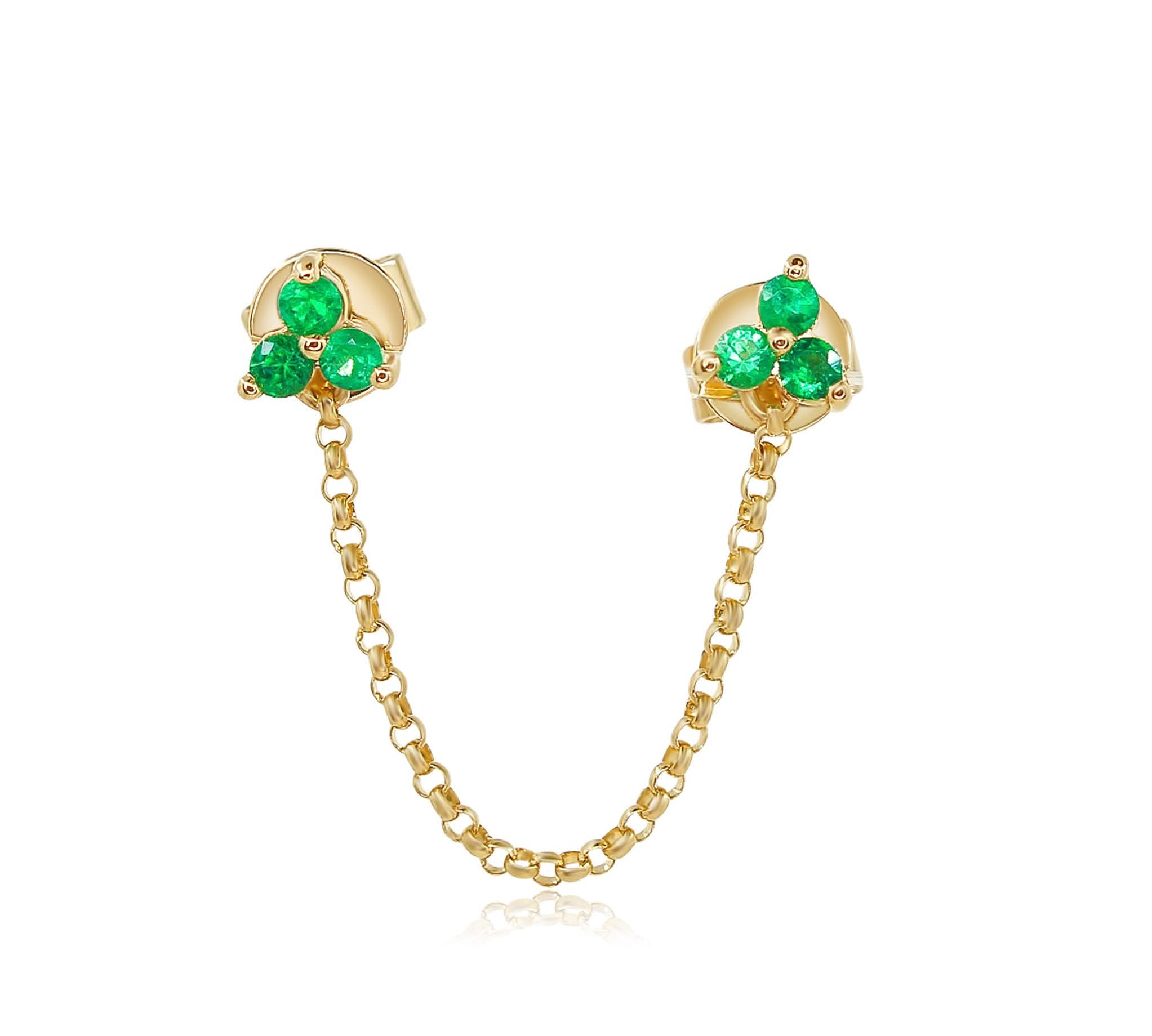 Gold Double Trio Emerald Chain Earrings - 14kt Gold - Monisha Melwani Jewelry