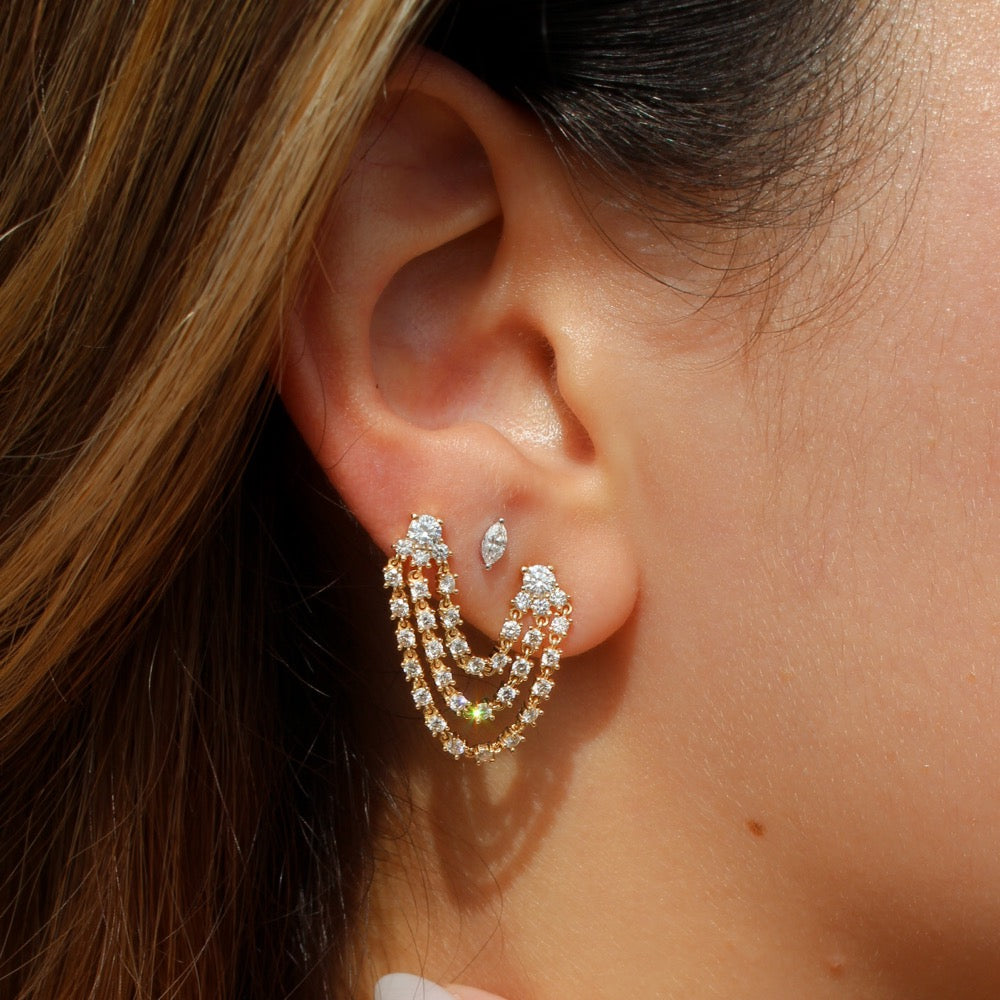 Gold Triple Diamond Connecting Earring - 14KT Gold - Monisha Melwani Jewelry