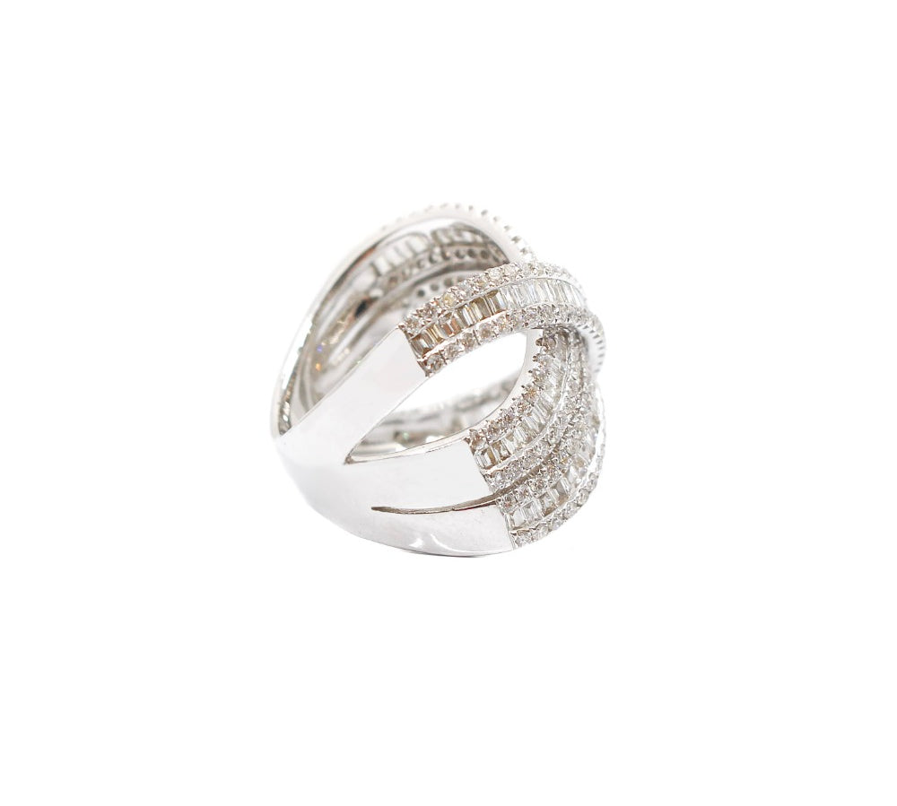 18KT White Gold Diamond Baguette X Ring- Monisha Melwani Jewelry