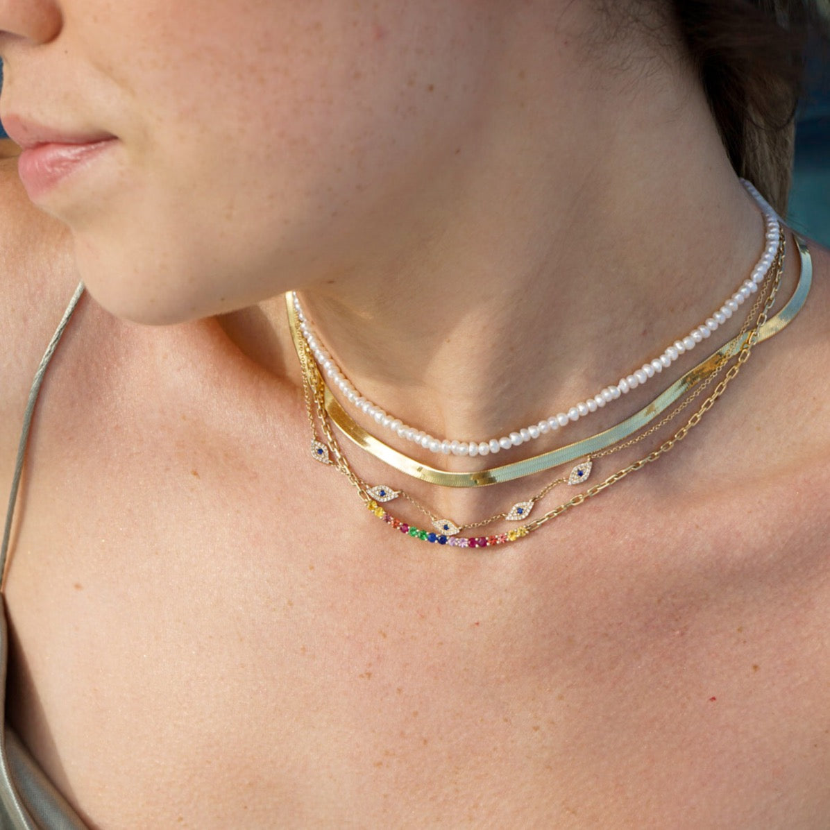 Gold Multi Sapphire Curved Bar Necklace - 14KT Gold - Monisha Melwani Jewelry