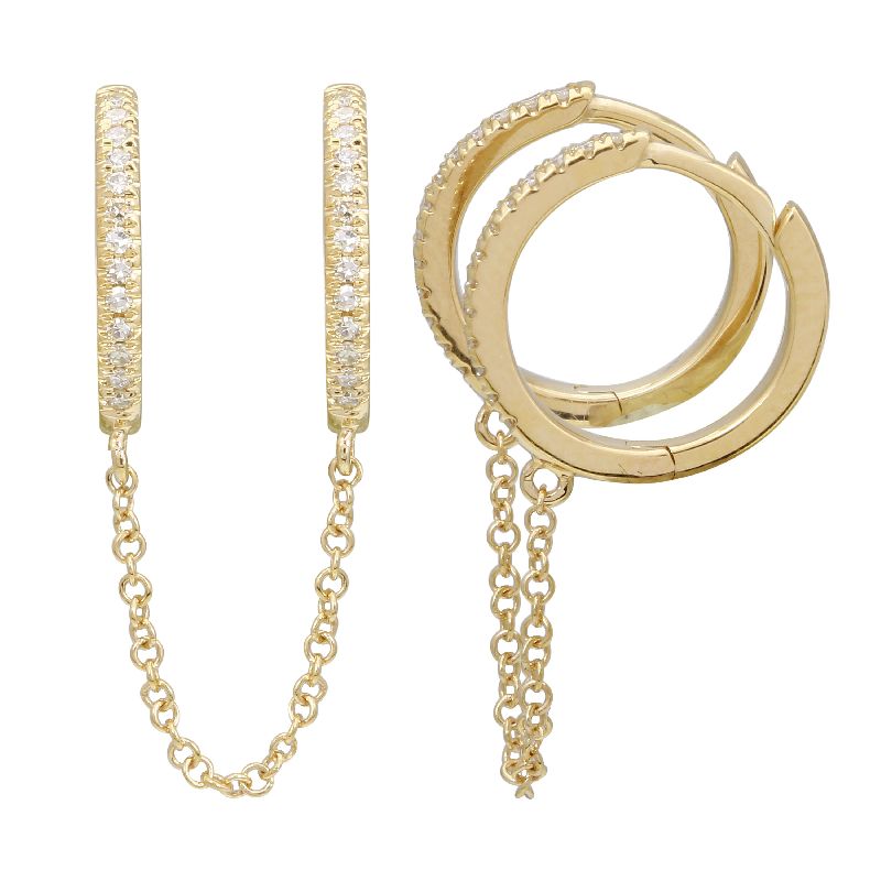 Gold Diamond Double Hoop Chain Earring - 14KT Gold - Monisha Melwani Jewelry