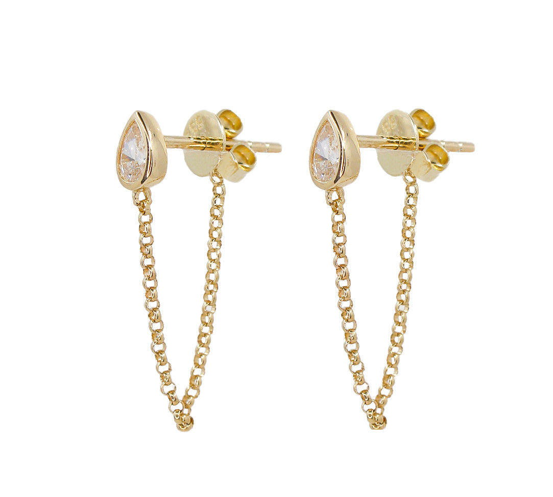 Gold Diamond Pear Chain Drop Earring - 14KT Gold - Monisha Melwani Jewelry