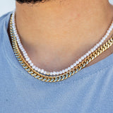 Gold Three Line Diamond Pearl Necklace