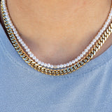 Gold Three Line Diamond Pearl Necklace