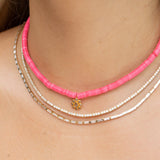 Pink Heishi Bead Necklace With Gold Flower Charm