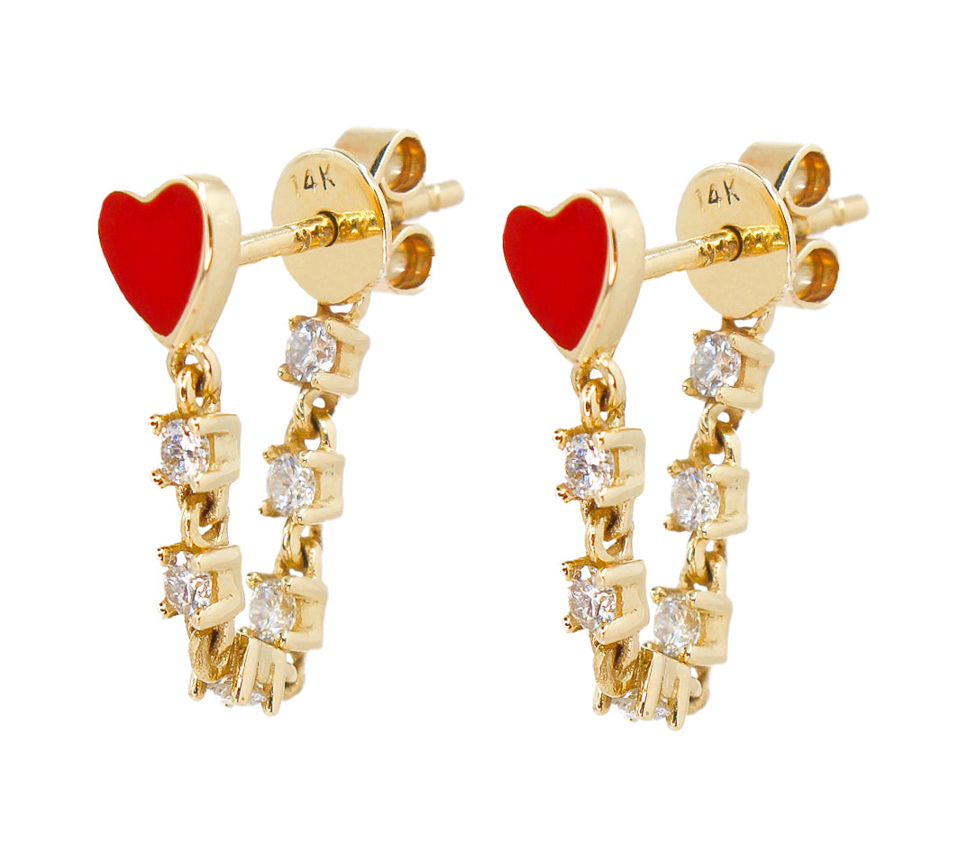 Gold Red Enamel Heart Diamond Chain Earring - 14KT Gold - Monisha Melwani Jewelry