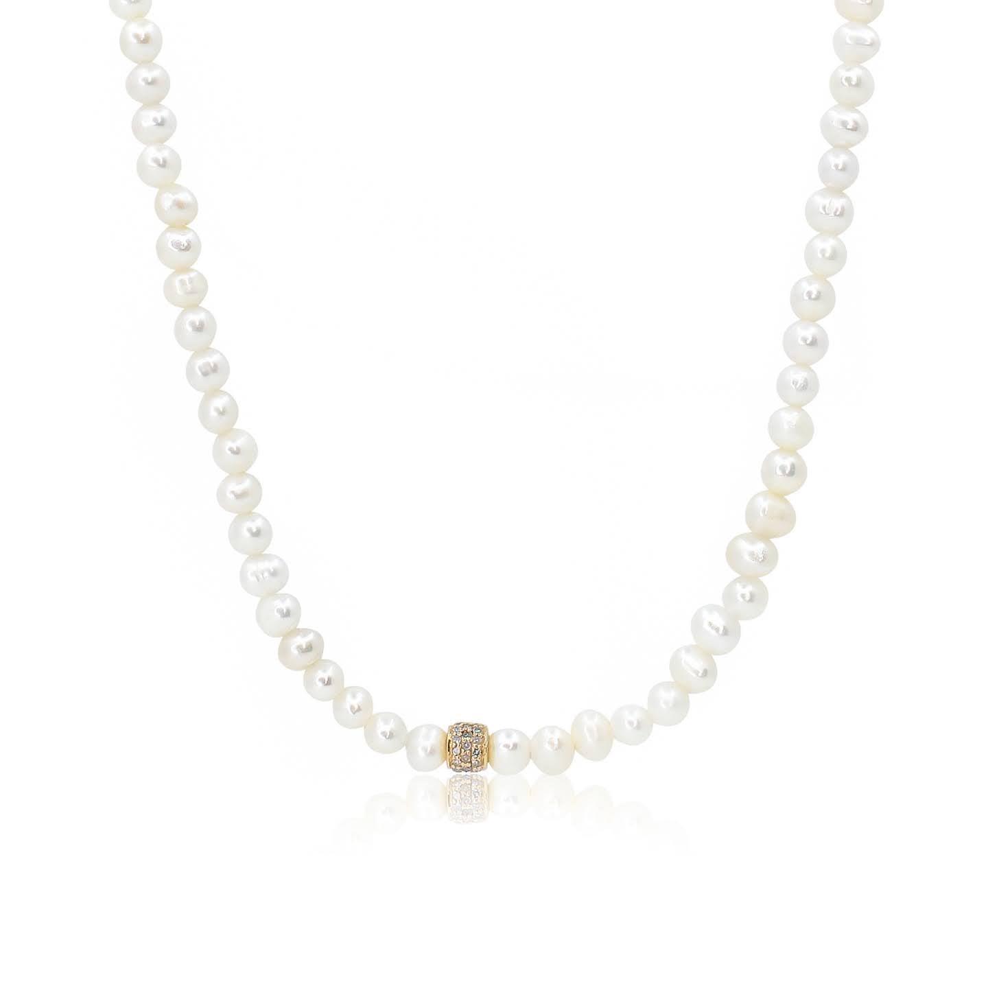 Gold Three Line Diamond Pearl Necklace - 14kt Gold - Monisha Melwani Jewelry