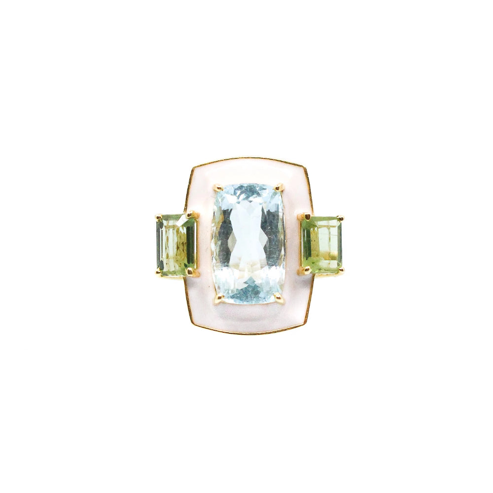 Enamel Aquamarine and Tourmaline Ring - 14KT Gold- Monisha Melwani Jewelry