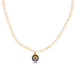 Beige Heishi Necklace With Sapphire Evil Eye Charm - 14kt Gold - Monisha Melwani Jewelry