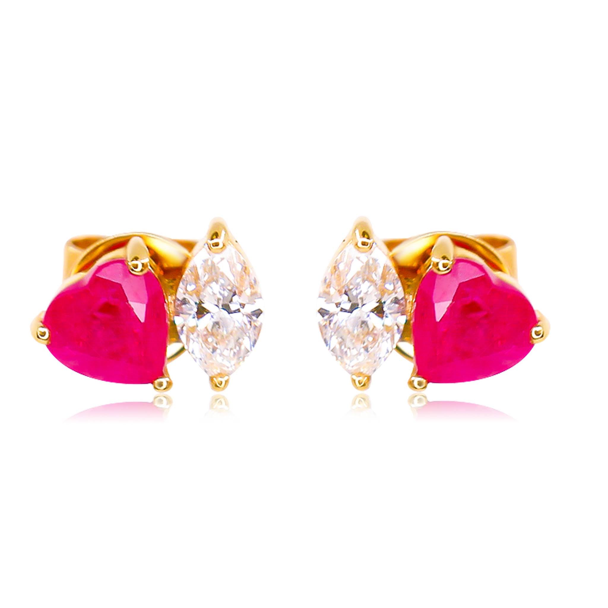 Gold Ruby Heart And Diamond Shape Earring - 14kt Gold - Monisha Melwani Jewelry