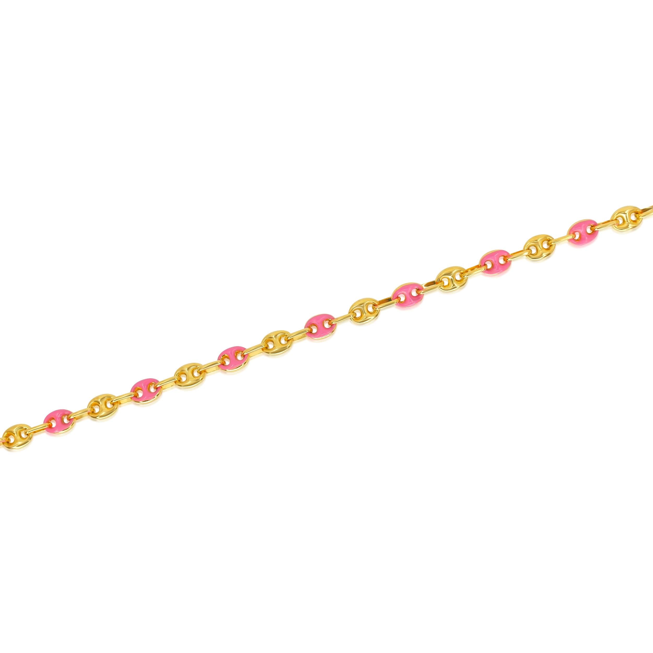 Gold Pink Enamel Puff Link Bracelet - 14kt Gold - Monisha Melwani Jewelry