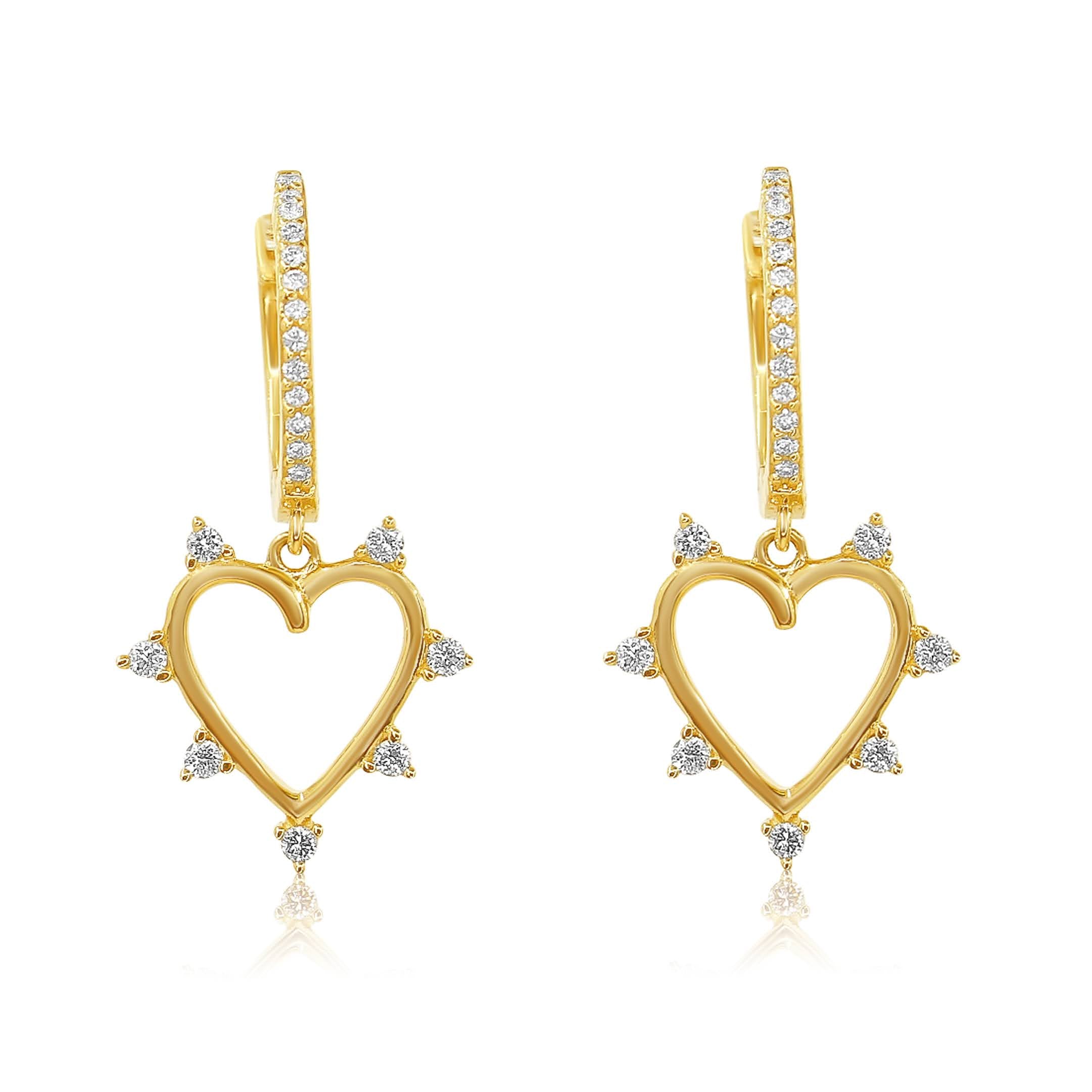 Gold Drop Prong Heart Hoop Earrings-14kt Gold-Monisha Melwani Jewelry 