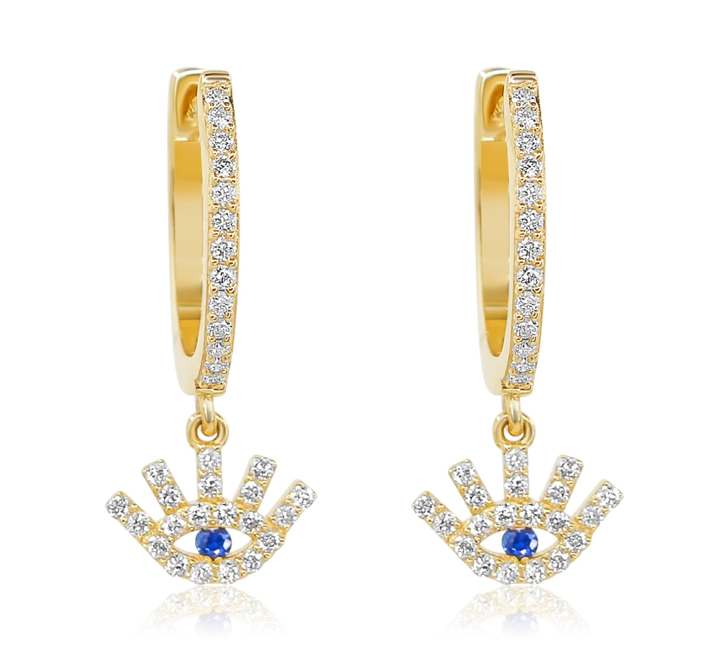 Gold Diamond Evil Eye Blue Sapphire drop Hoop Earrings-14kt gold-Monisha Melwani Jewelry