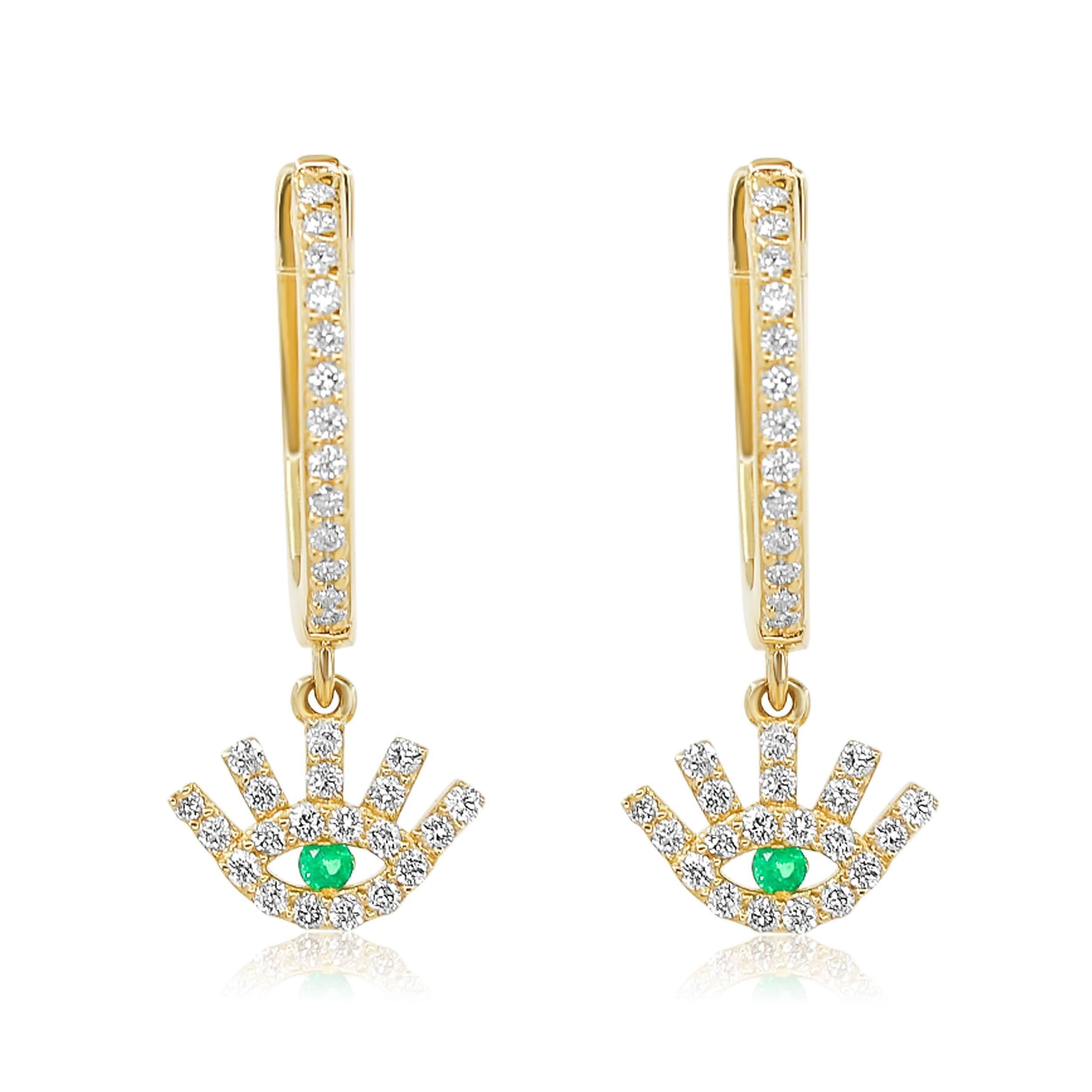 Gold Diamond Evil Emerald Drop Hoop Earrings-14kt gold-Monisha Melwani Jewelry
