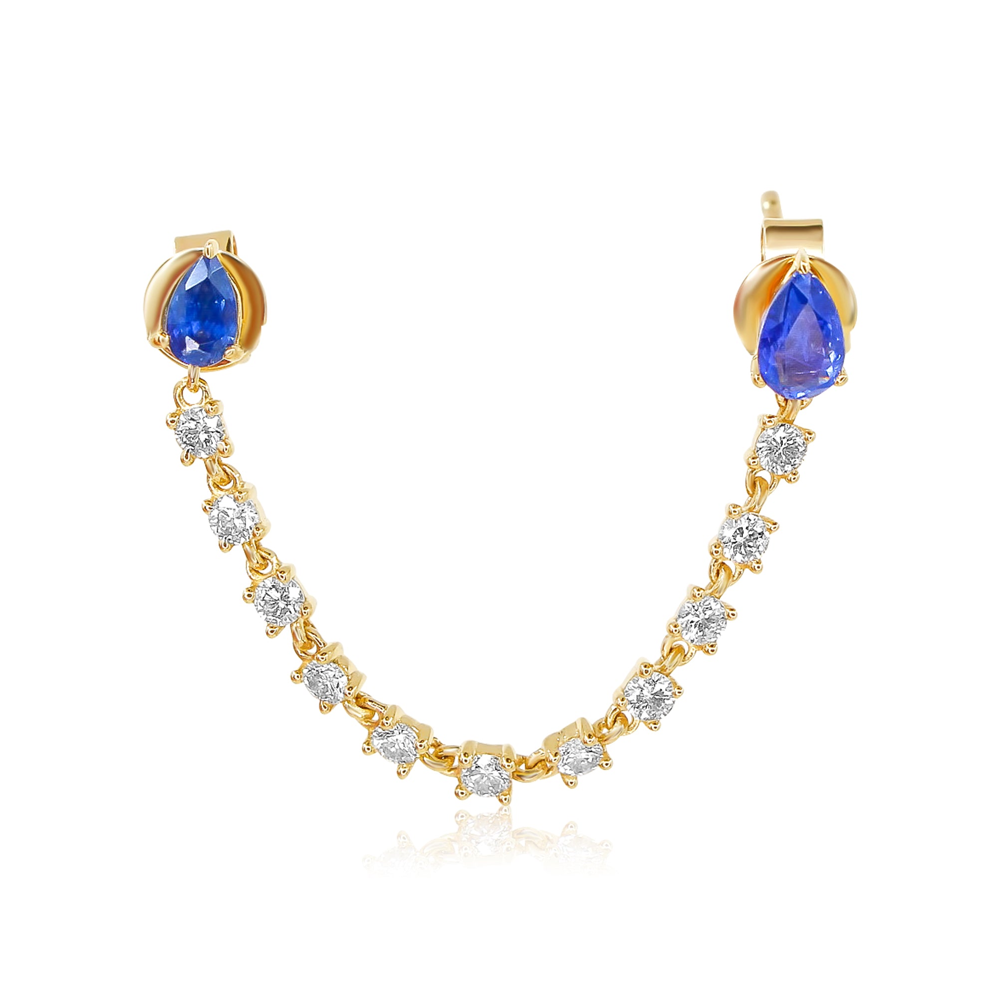 Gold Blue Sapphire Pear Diamond Connecting Earring - 14KT Gold - Monisha Melwani Jewelry