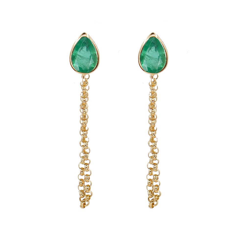 Gold Emerald Pear Chain Drop Earring - 14kt Gold - Monisha Melwani Jewelry