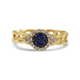 Gold Diamond Blue Sapphire Evil Eye Cuban Link Ring
