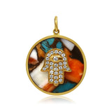 Gold Diamond Round Hand Oyster Turquoise Pendant