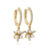 Gold Diamond Pearl Cluster Drop Hoop Earring