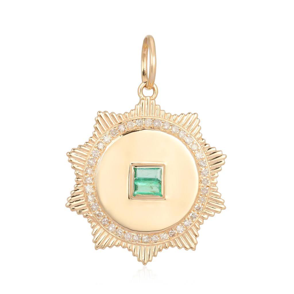 Gold Small Textured Medallion Charm With Emerald Baguettes - 14kt Gold - Monisha Melwani Jewelry