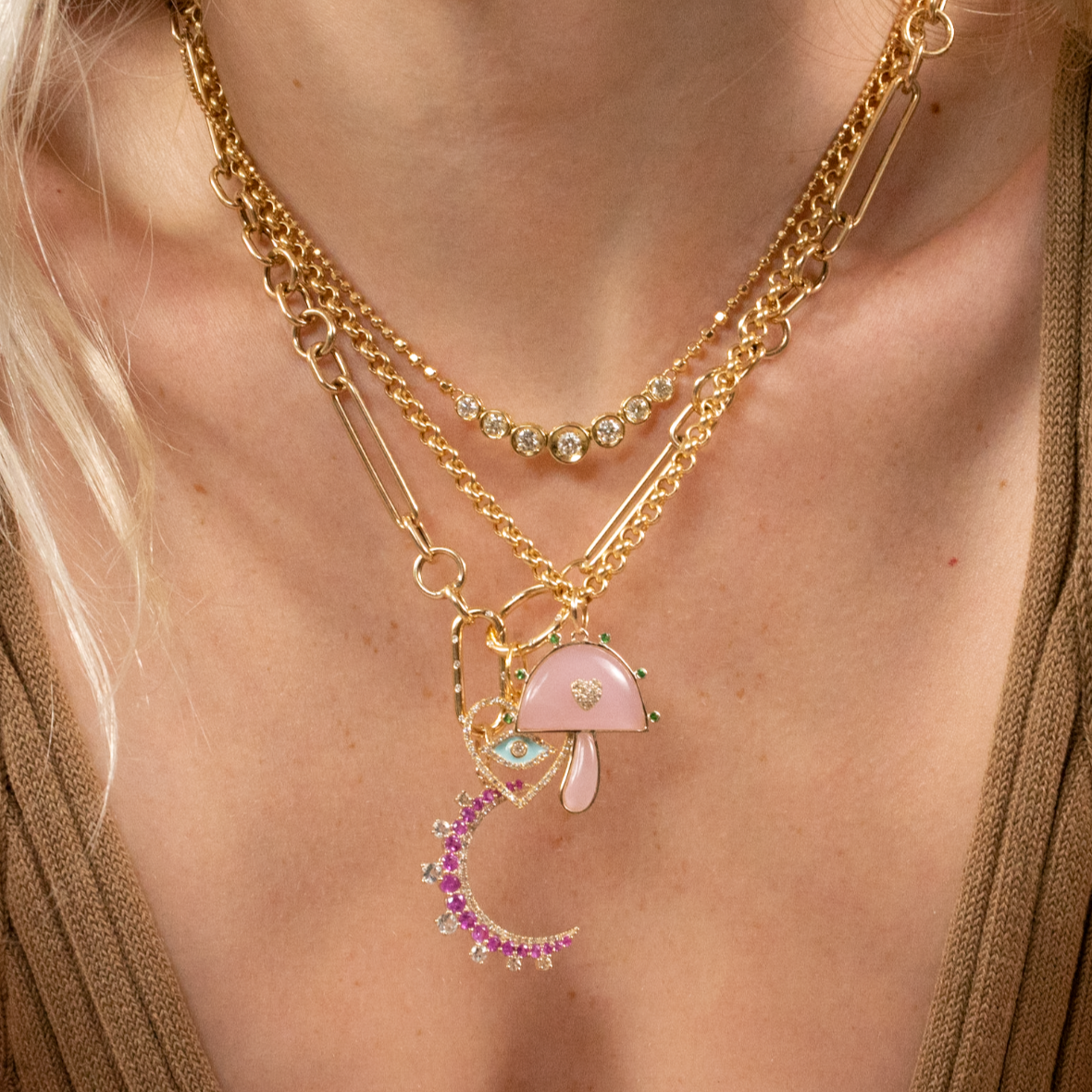 Gold Pink Sapphire Crescent Moon Pendant - 14KT Gold - Monisha Melwani Jewelry