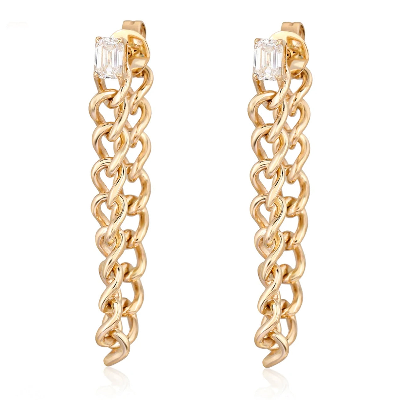 Gold Emerald Cut Diamond Curb Link Earring - 14KT Gold - Monisha Melwani Jewelry 