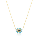 Gold Diamond Blue Topaz Turquoise Flower Necklace