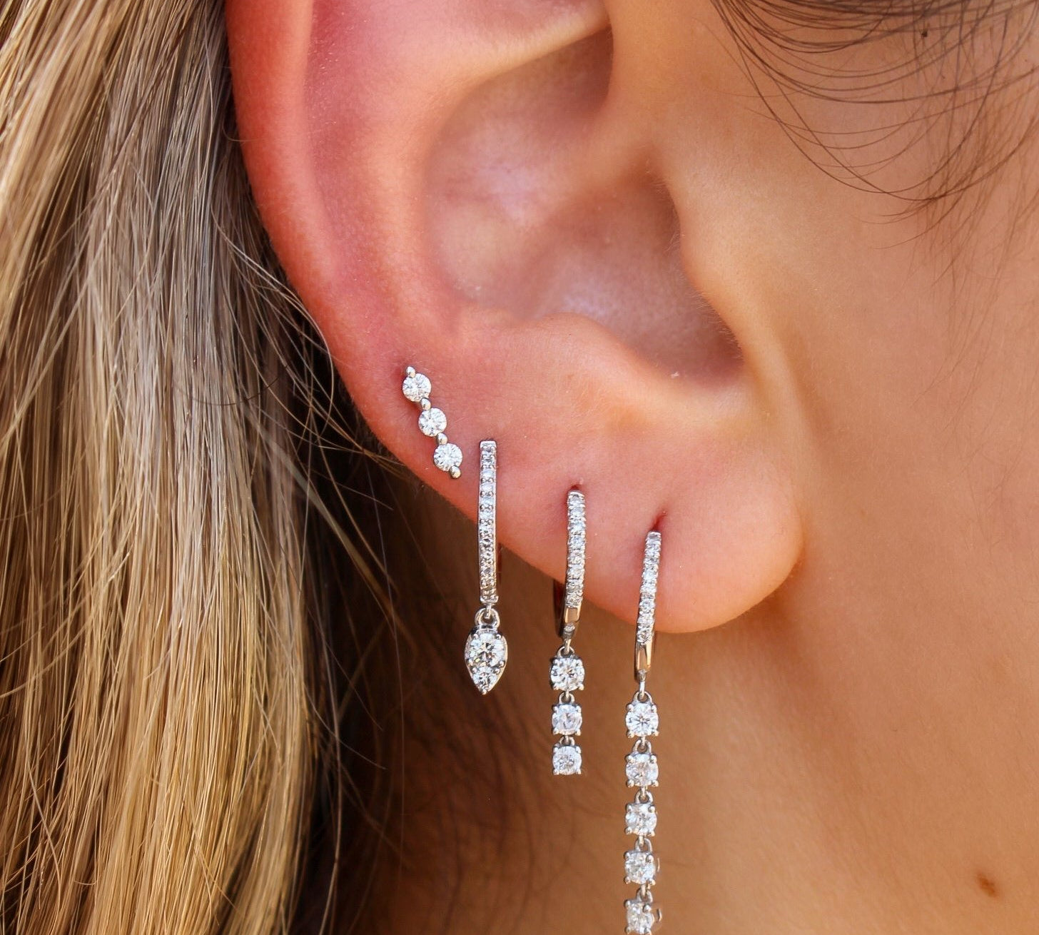 Gold Five Graduated Prong Diamond Hoop Earrings