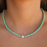 Gold Diamond Pearl and Mint Green Heishi Beaded Necklace