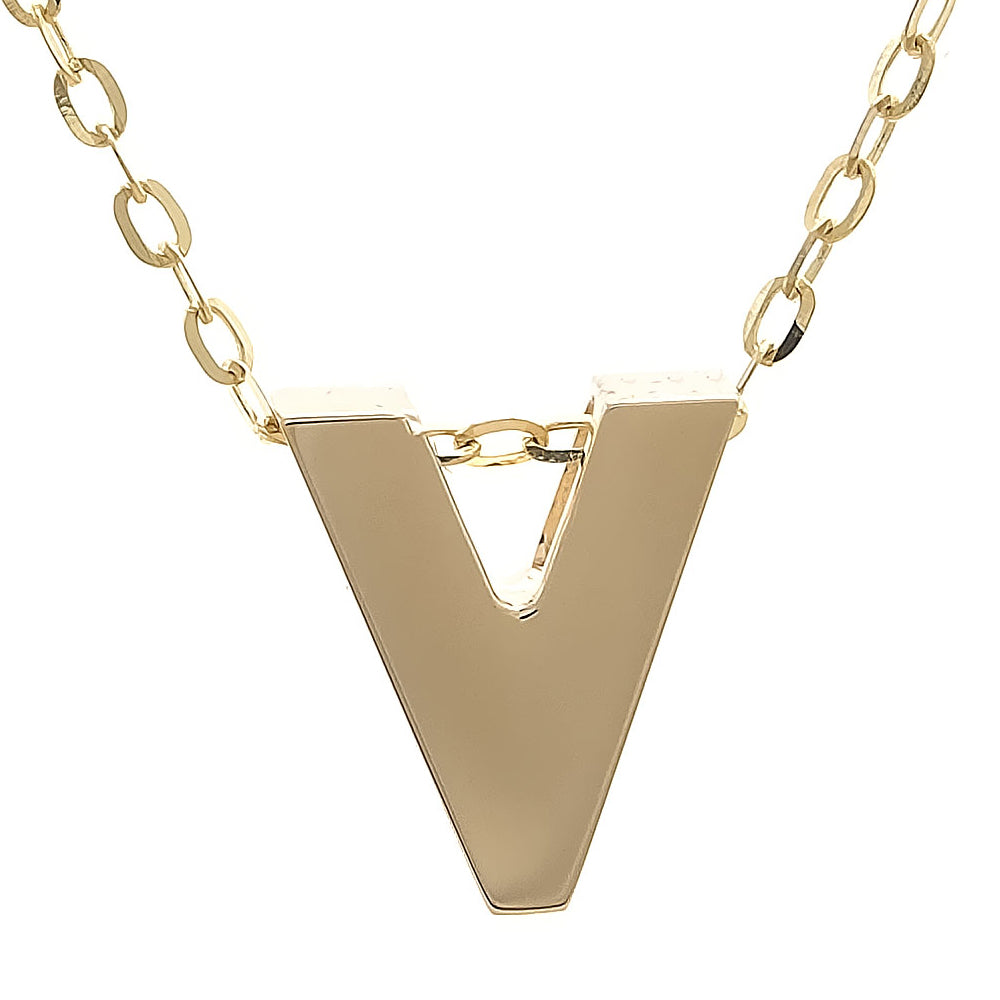 Yellow Gold V Initial Block Necklace