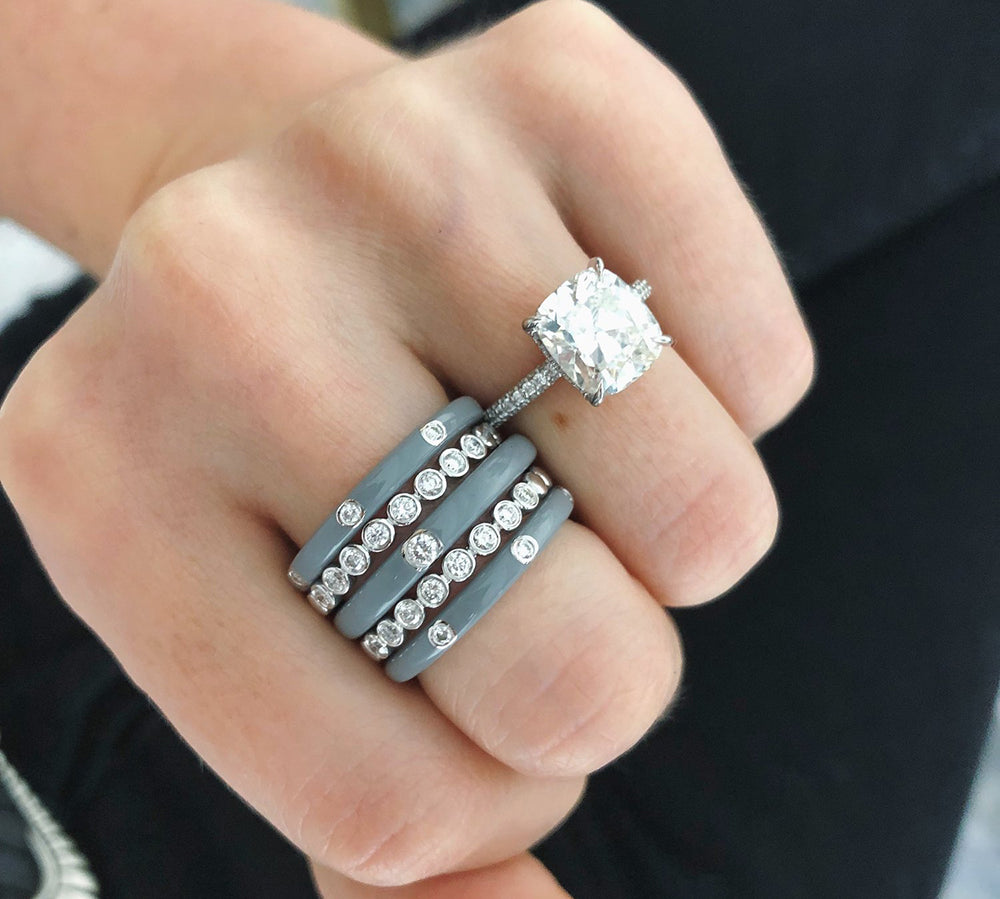 Diamond Light Grey Enamel Stacked Ring - EF Collection - Monisha Melwani Jewelry