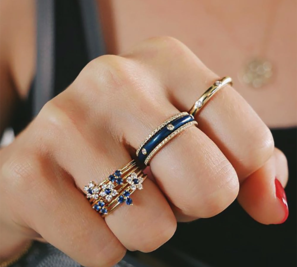 Diamond Navy Enamel Stacked Ring - EF Collection - Monisha Melwani Jewelry